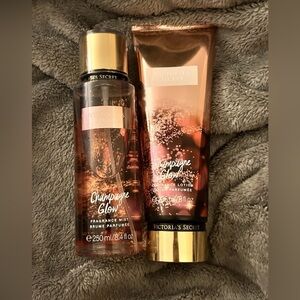 Victoria’s secret body spray and lotion. Champagne glow.